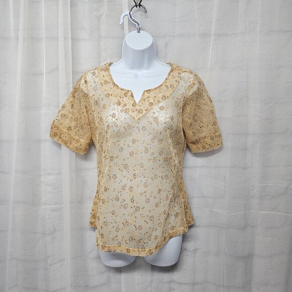 John & Philip Tan Gold Fairy Twee Blouse Sheer Floral Coquette Whimsy M - Picture 9 of 9